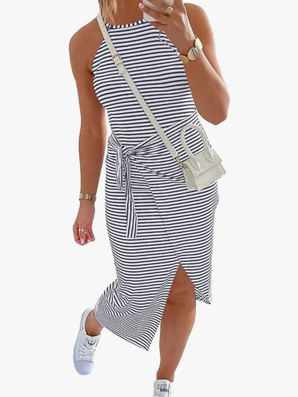 Women's Sleeveless Striped Midi Dress in  Blue and White
